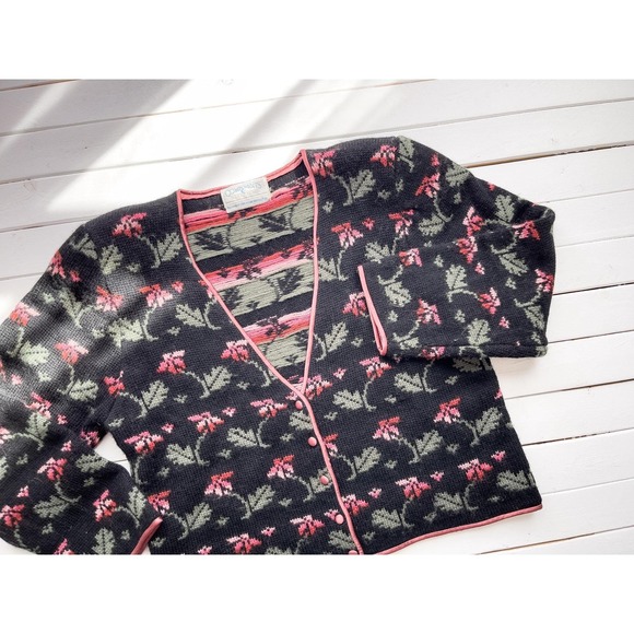 vtg Susan Bristol‎ black pink floral wool cardigan sweater - Picture 2 of 4